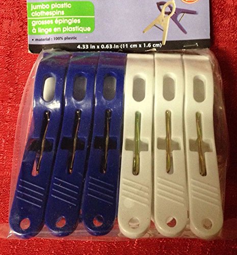 Clothes Pins Jumbo Plastic Clothespins Huge 4 1/3" Holds Heavy Laundry - 6 Pack