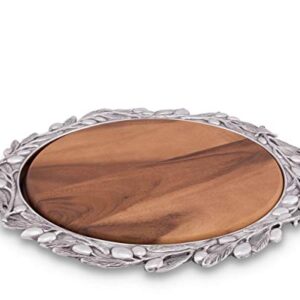 Arthur Court Sand-Cast Aluminum Pizza or Cheese Server with Wood Board; Olive Pattern Metal Holder 16 inch Diameter