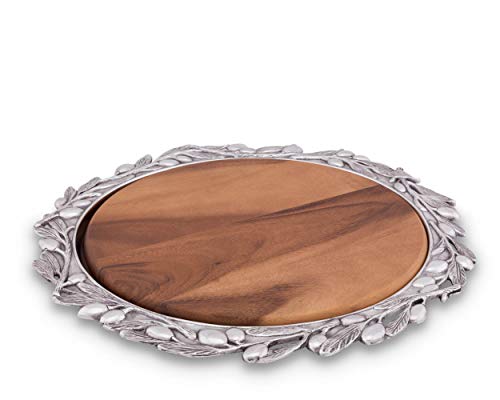 Arthur Court Sand-Cast Aluminum Pizza or Cheese Server with Wood Board; Olive Pattern Metal Holder 16 inch Diameter