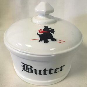 covered tub "butter" dish w/ scottie dogs - rosso glass exclusive - usa (red bow scottie dog, milk)