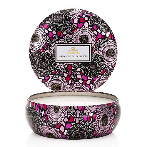 Voluspa Japanese Plum Bloom Candle | 3 Wick Tin | 12 Oz. | 40 Hour Burn Time | Vegan | All Natural Wicks and Coconut Wax for Clean Burning