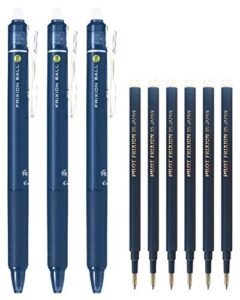 pilot frixion ball knock retractable erasable gel ink pens, extra fine point 0.5mm, blue black ink, 3 pens & 6 refills value set
