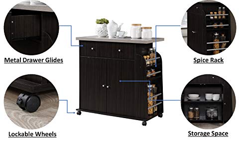 Hodedah Import Kitchen Island with Spice Rack and Towel Rack, Chocolate