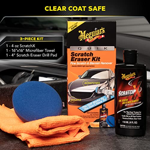 Meguiar's Quik Scratch Eraser Kit, Car Scratch Remover for Repairing Surface Blemishes, Car Care Kit with ScratchX, Drill-Mounted Pad, and Microfiber Towel, 3 Count