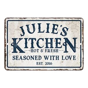 personalized vintage distressed look kitchen seasoned with love metal room sign (8x12 inches)