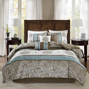 madison park comforter faux silk-traditional luxurious jacquard design all season set, matching bed skirt, decorative pillows, king(104"x92"), blue 7 piece