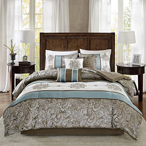 Madison Park Comforter Faux Silk-Traditional Luxurious Jacquard Design All Season Set, Matching Bed Skirt, Decorative Pillows, King(104"x92"), Blue 7 Piece