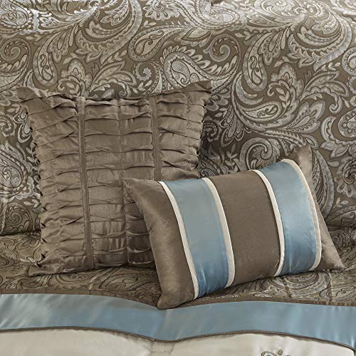 Madison Park Comforter Faux Silk-Traditional Luxurious Jacquard Design All Season Set, Matching Bed Skirt, Decorative Pillows, King(104"x92"), Blue 7 Piece