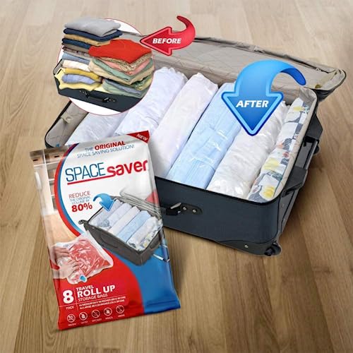 Spacesaver Premium Travel Roll-Up Storage Bags with Double-Zip Seal and Triple-Seal Turbo Valve, Get Maximum Space Saving and 80% More Storage (Travel 8 Pack)