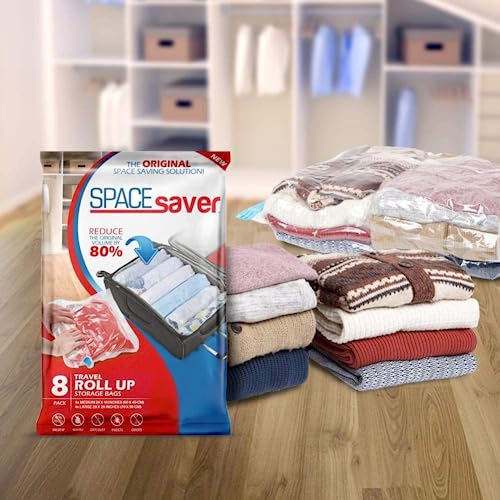 Spacesaver Premium Travel Roll-Up Storage Bags with Double-Zip Seal and Triple-Seal Turbo Valve, Get Maximum Space Saving and 80% More Storage (Travel 8 Pack)