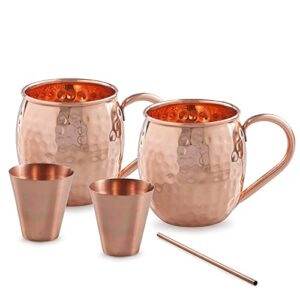 100% solid moscow mule copper mugs kit with free extras: set of two 16oz mugs - hammered premium quality copper cups, 2 shot glasses/jiggers, and 1 straw. great for gifts.