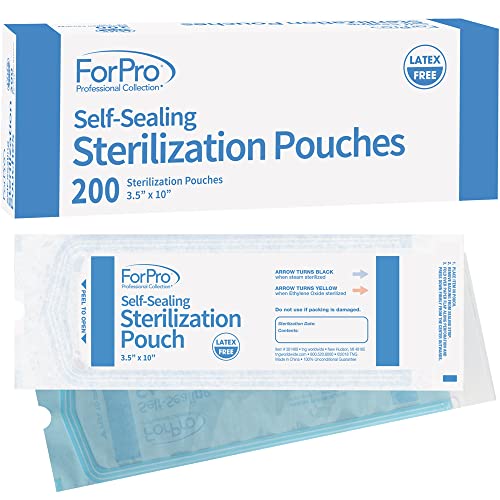 ForPro Self-Sealing Sterilization Pouches, Latex-Free, Color Changing Indicator, 3.5” W x 10” L, 200-Count