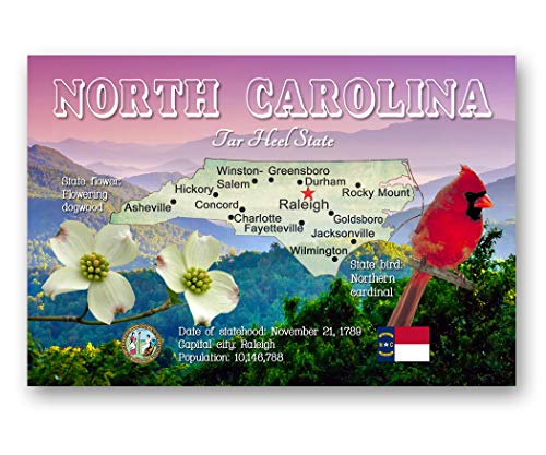 SIXNEW NORTH CAROLINA MAP postcard set of 20 identical postcards. NC state map post cards. Made in USA.