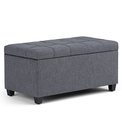 SIMPLIHOME Sienna 34 inch Wide Rectangle Lift Top Storage Ottoman Bench in Slate Grey Tufted Linen Look Fabric, Footrest Stool, Coffee Table for the Living Room, Bedroom and Kids Room, Traditional