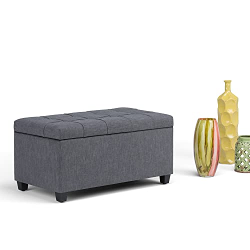 SIMPLIHOME Sienna 34 inch Wide Rectangle Lift Top Storage Ottoman Bench in Slate Grey Tufted Linen Look Fabric, Footrest Stool, Coffee Table for the Living Room, Bedroom and Kids Room, Traditional