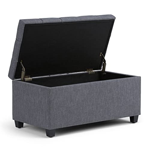 SIMPLIHOME Sienna 34 inch Wide Rectangle Lift Top Storage Ottoman Bench in Slate Grey Tufted Linen Look Fabric, Footrest Stool, Coffee Table for the Living Room, Bedroom and Kids Room, Traditional