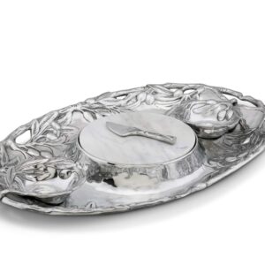 Arthur Court Sand-Cast Aluminum Olive Pattern 5 Piece Entertainment Tray 2 Serving Bowls, Tray, Spread, Marble 20 inch x 13 inch