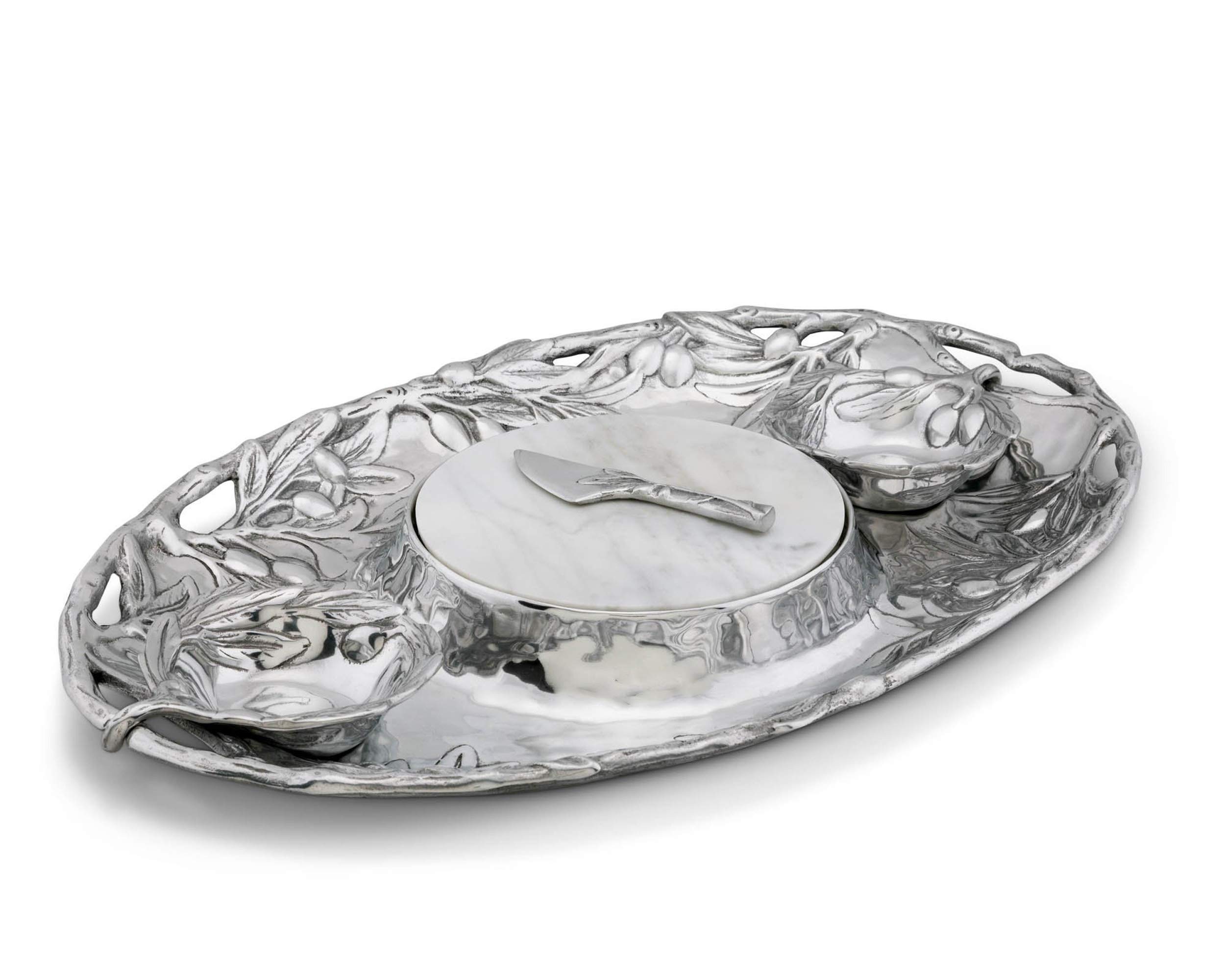 Arthur Court Sand-Cast Aluminum Olive Pattern 5 Piece Entertainment Tray 2 Serving Bowls, Tray, Spread, Marble 20 inch x 13 inch