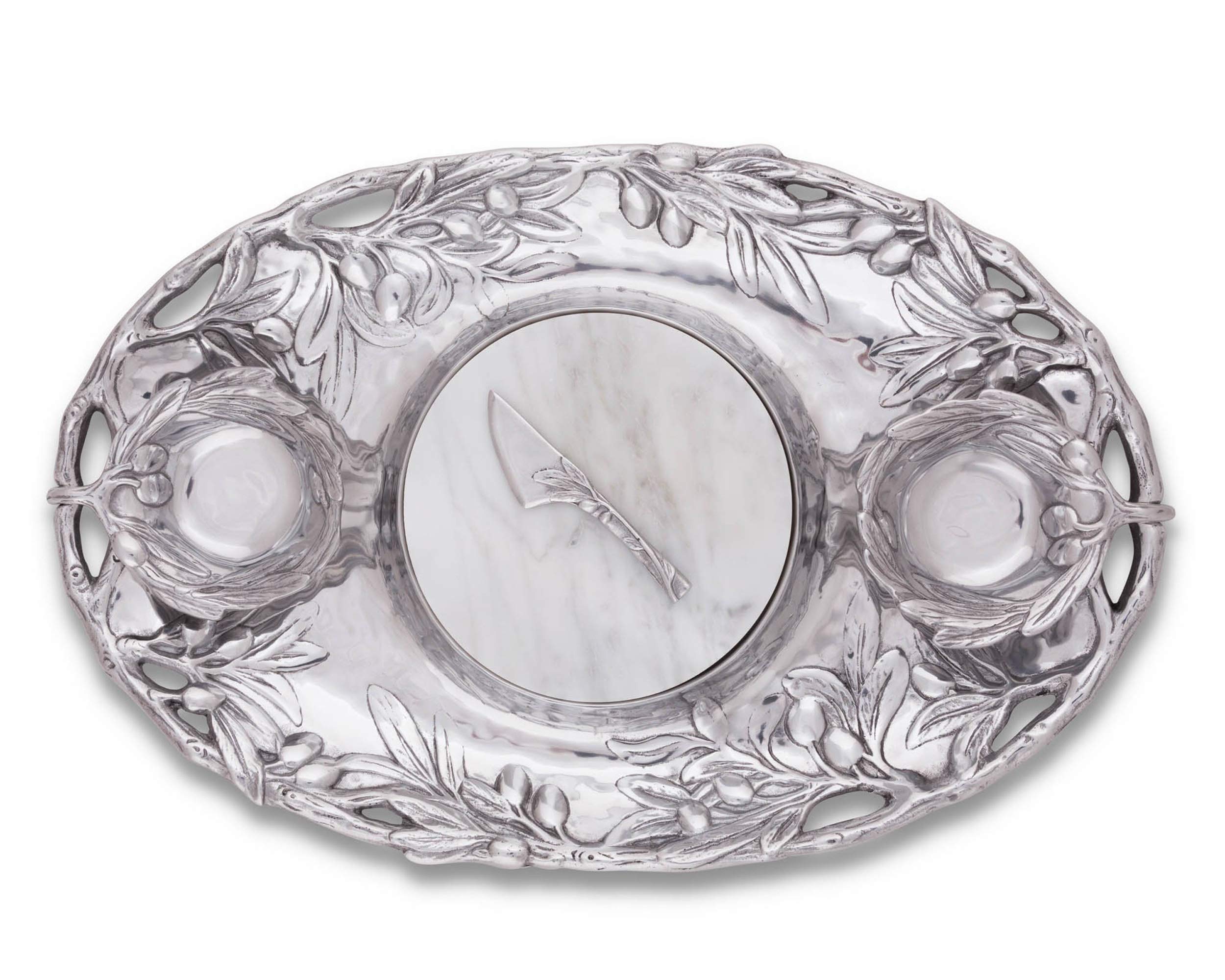 Arthur Court Sand-Cast Aluminum Olive Pattern 5 Piece Entertainment Tray 2 Serving Bowls, Tray, Spread, Marble 20 inch x 13 inch