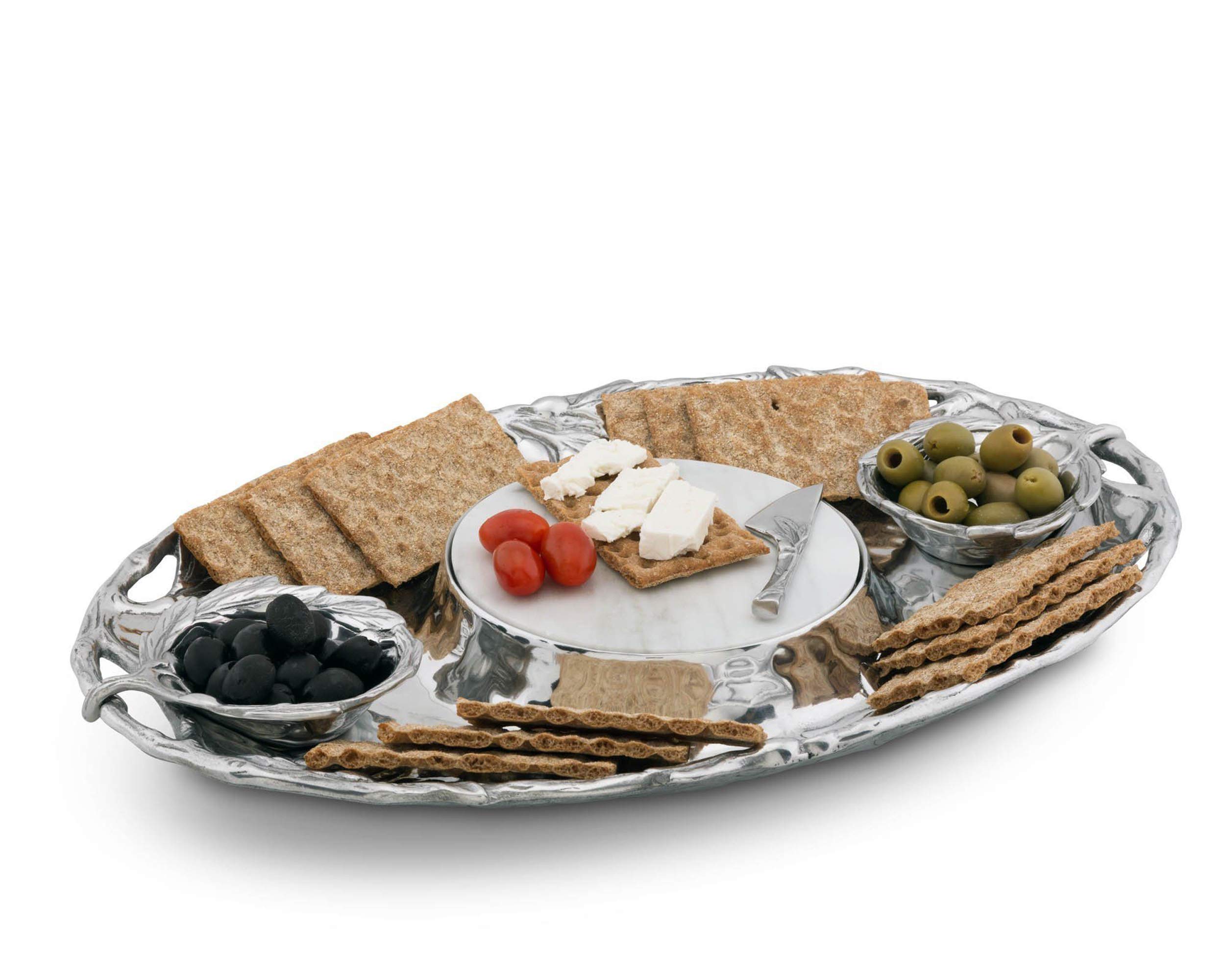 Arthur Court Sand-Cast Aluminum Olive Pattern 5 Piece Entertainment Tray 2 Serving Bowls, Tray, Spread, Marble 20 inch x 13 inch