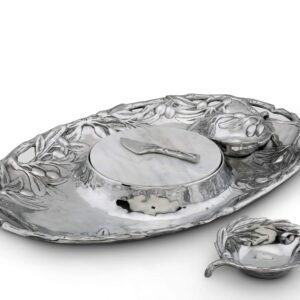 Arthur Court Sand-Cast Aluminum Olive Pattern 5 Piece Entertainment Tray 2 Serving Bowls, Tray, Spread, Marble 20 inch x 13 inch