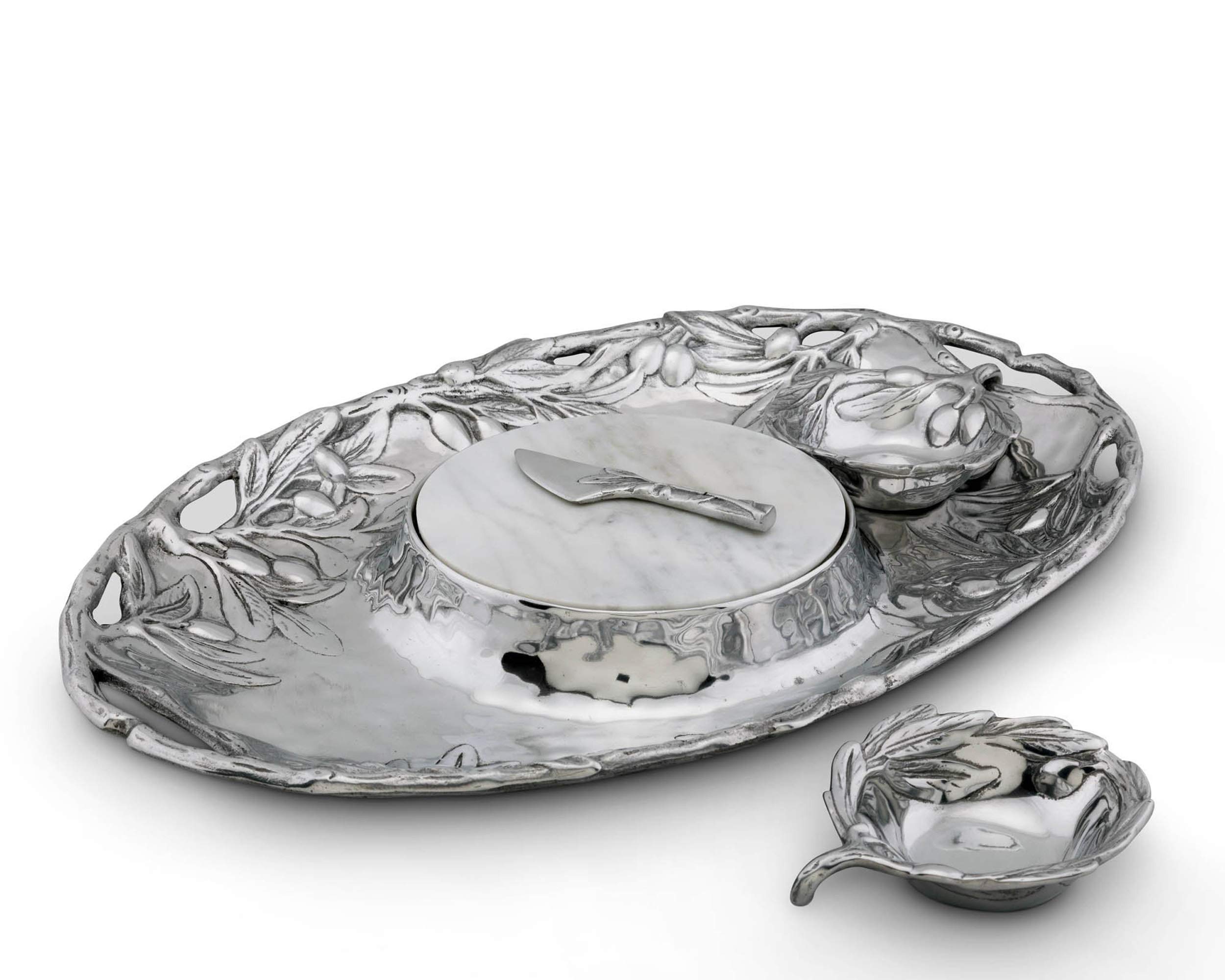 Arthur Court Sand-Cast Aluminum Olive Pattern 5 Piece Entertainment Tray 2 Serving Bowls, Tray, Spread, Marble 20 inch x 13 inch