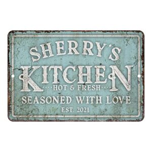 personalized vintage distressed look mint kitchen seasoned with love metal room sign (8x12 inches)