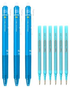 pilot frixion ball knock retractable erasable gel ink pens, extra fine point 0.5mm, light blue ink, 3 pens & 6 refills value set