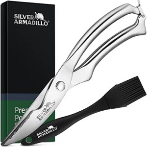 heavy duty stainless steel poultry shears for bone, chicken, meat, fish, seafood, vegetables. premium spring loaded food scissors. all metal kitchen shears.