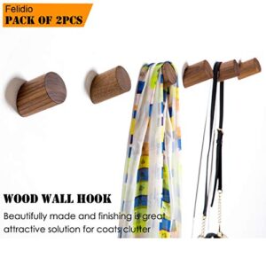 Felidio Wall Hooks, Natural Wood Coat Hooks Wall Mounted (2 Pack) - Rustic Wall Coat Rack Hat Hooks Robe Hook Entryway Wall Hangers Heavy Duty Hooks for Hanging Towels (Black Walnut)