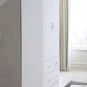 HODEDAH IMPORT Two Door Wardrobe, with Two Drawers, and Hanging Rod, White.