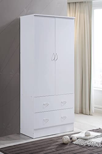 HODEDAH IMPORT Two Door Wardrobe, with Two Drawers, and Hanging Rod, White.