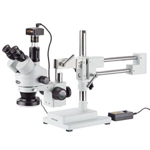 amscope 3.5x-180x simul-focal stereo zoom microscope on dual arm boom stand with 144-led ring light and 14mp camera, sm-4tpzz-144-14m