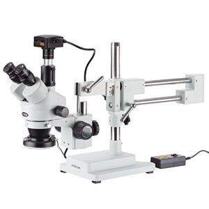 amscope - 3.5x-180x simul-focal stereo zoom microscope on dual arm boom stand + 144-led ring light + 18mp usb 3.0 camera - sm-4tpzz-144-18m3