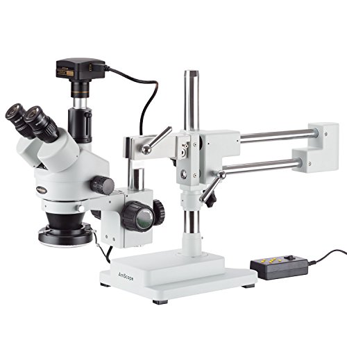 AmScope - 3.5X-180X Simul-Focal Stereo Zoom Microscope on Dual Arm Boom Stand + 144-LED Ring Light + 18MP USB 3.0 Camera - SM-4TPZZ-144-18M3