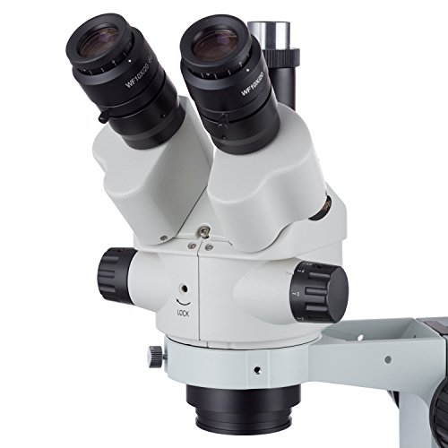 AmScope 3.5X-45X Simul-Focal Stereo Zoom Microscope on Single Arm Boom Stand with 144-LED Ring Light and 1.3MP Camera