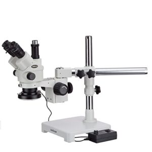 AmScope 3.5X-45X Simul-Focal Stereo Zoom Microscope on Single Arm Boom Stand with 144-LED Ring Light and 1.3MP Camera
