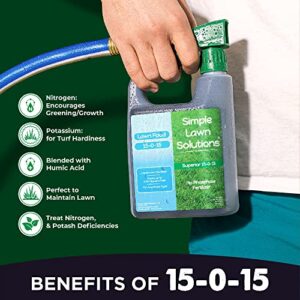 Superior 15-0-15 Liquid Fertilizer Nitrogen & Potash Lawn Food - Concentrated Spray- Any Grass Type- Simple Lawn Solutions Green, Growth - Humic Acid - Kelp Seaweed - Phosphorus-Free (32 Ounce)