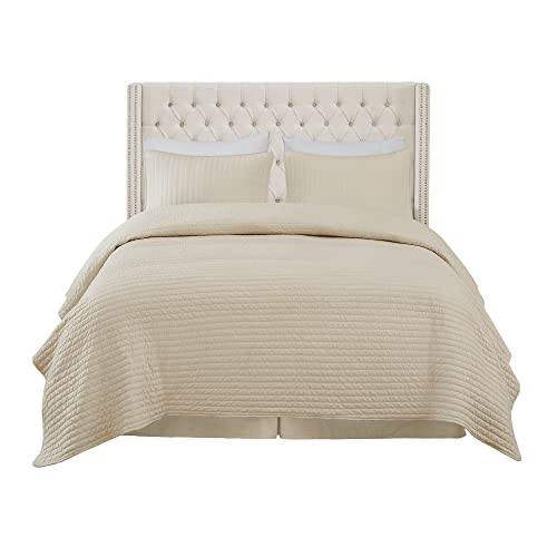 Madison Park Amelia Upholstered Headboard | Nail Head Trim Wingback Button Tufted | King, Cream