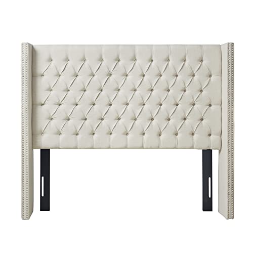 Madison Park Amelia Upholstered Headboard | Nail Head Trim Wingback Button Tufted | King, Cream