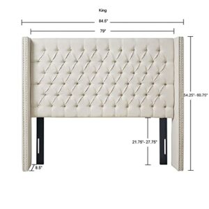Madison Park Amelia Upholstered Headboard | Nail Head Trim Wingback Button Tufted | King, Cream