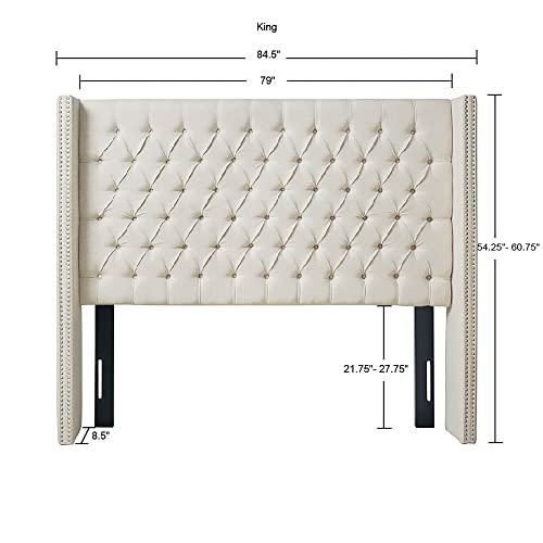 Madison Park Amelia Upholstered Headboard | Nail Head Trim Wingback Button Tufted | King, Cream