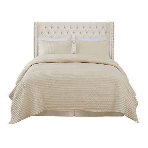 Madison Park Amelia Upholstered Headboard | Nail Head Trim Wingback Button Tufted | Queen, Cream