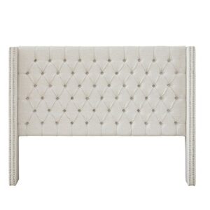 Madison Park Amelia Upholstered Headboard | Nail Head Trim Wingback Button Tufted | Queen, Cream