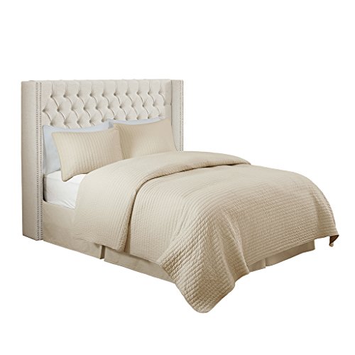 Madison Park Amelia Upholstered Headboard | Nail Head Trim Wingback Button Tufted | Queen, Cream