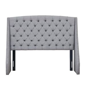 madison park harper upholstered nail head trim wingback button tufted headboard modern contemporary metal legs padded bedroom décor accent, king grey