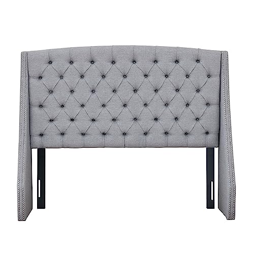 Madison Park Harper Upholstered Nail Head Trim Wingback Button Tufted Headboard Modern Contemporary Metal Legs Padded Bedroom Décor Accent, King Grey