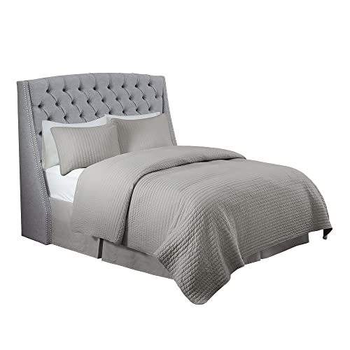 Madison Park Harper Upholstered Nail Head Trim Wingback Button Tufted Headboard Modern Contemporary Metal Legs Padded Bedroom Décor Accent, King Grey