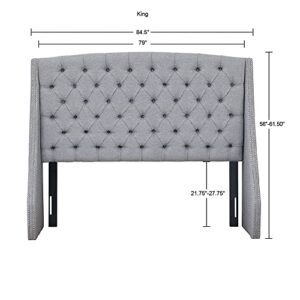 Madison Park Harper Upholstered Nail Head Trim Wingback Button Tufted Headboard Modern Contemporary Metal Legs Padded Bedroom Décor Accent, King Grey