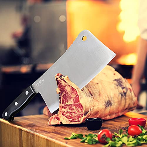 Orblue Premium Meat Cleaver - Stainless Steel Chef Butcher Knife for Cooking - Professional 7-Inch Blade for Precision Cutting - Perfect for Home Kitchen or Restaurant